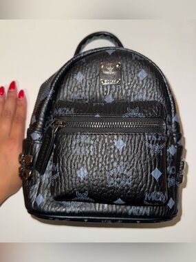MCM Black Logo Mini Backpack with Silver Hardware